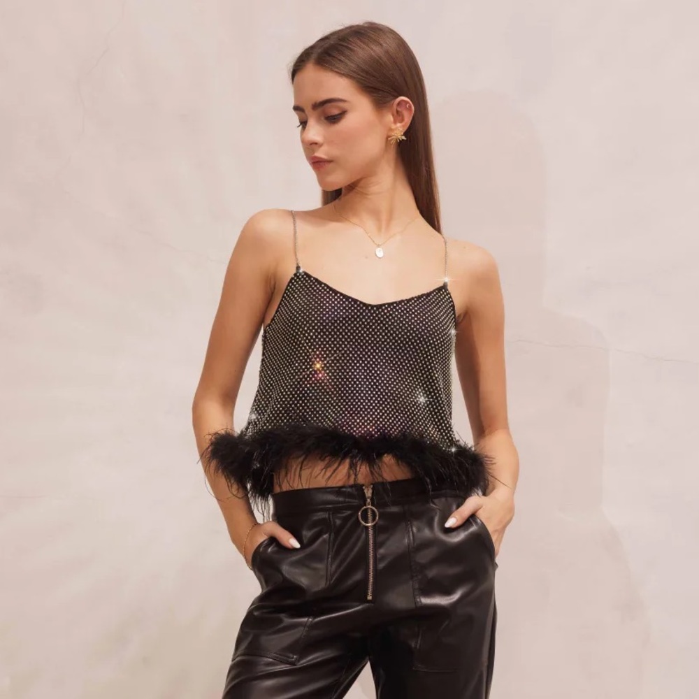 Rhinestone feather trim top